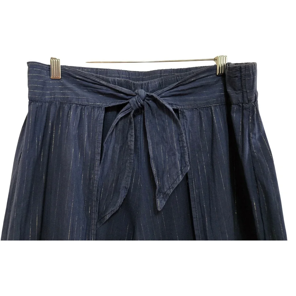 Left of Center Anthropologie Boho Navy Blue Metallic Pinstripe Wrap Tie Pants M